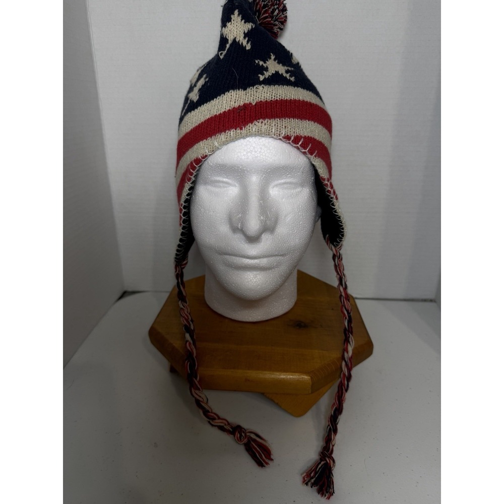 RIS Winter Collection‎ USA Flag Knit Trapper Hat Ear Flaps Pom Pom One Size NWT